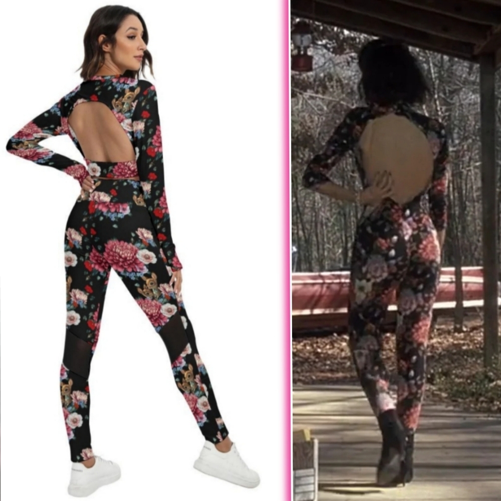 Mona Lisa Vito Outfit 2pc Jumpsuit women m l black pink floral top leggings